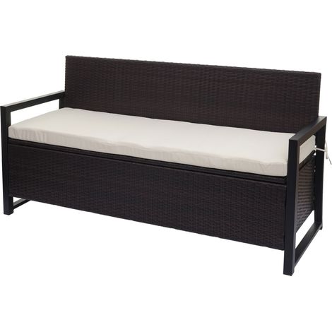 Poly-Rattan 3er Sitzbank HHG-596, Gartenbank Truhenbank, Staufach Aufbewahrung Sitzkissen braun, Kissen creme