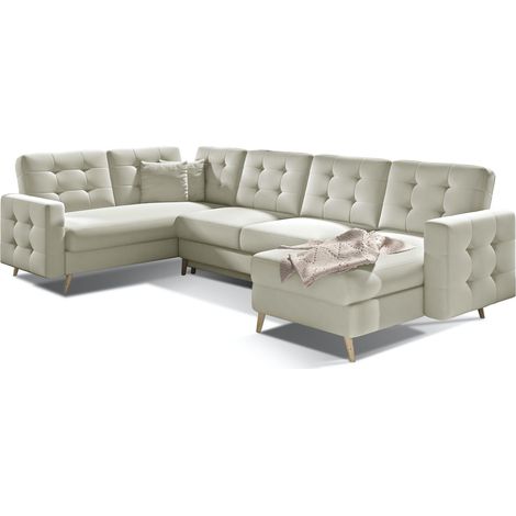 Canapé panoramique convertible capitonné simili cuir beige Gracia 320 cm (1/5)
