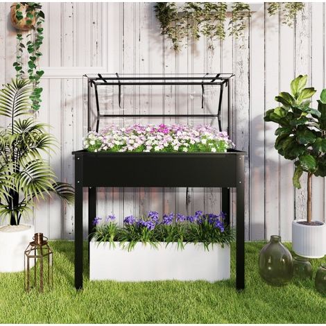 Cassone rialzato con tetto serra 100 x 48 x 124 cm, nero, con fori di drenaggio OKMYHOME (1/5)