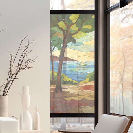 Stickers décoratifs électrostatique, bord de mer, mer, paysage, effet vitrail, 150 cm X 67,5 cm (1/2)