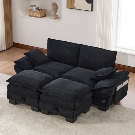 Divano a 2 posti 190x132x84 cm, con 2 pouf, porta USB-C e tasche laterali, velluto a coste nero (1/5)