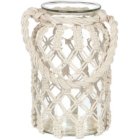 Lantern Off-White Glass 31x20cm Macrame Rope Handle Jar Single Candle Boho JALEBI