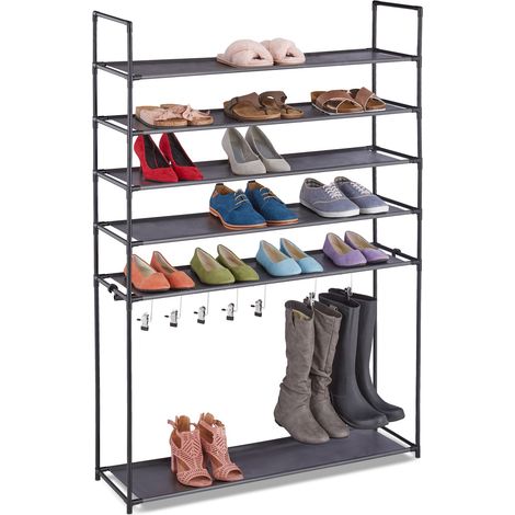 Relaxdays zapatero 6 niveles, ensamblaje, 20 pares, 7 ganchos para botas, metal y tela, recibidor, negro