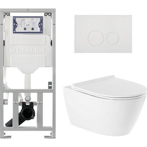 QeramiQ Salina Pack WC - sans bride - réservoir encastré Geberit - à fond creux WC suspendu - fermeture douce - déverrouillage rapide - boutons ronds