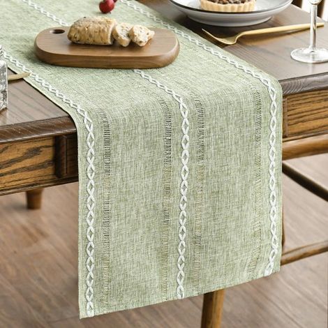 Camino de mesa rústico de algodón y lino, decoración hueca bordada de temporada para mesa de comedor o cocina, color gris azulado, 35 x 180 cm (1/5)