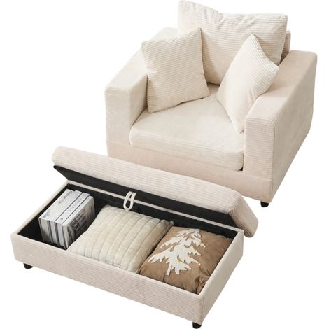 Chaiselongue avec repose-pieds, coffre de rangement et 3 coussins, canapé lounge en tissu côtelé beige pour salon ou chambre, design moderne - CHICFURN (1/5)