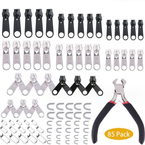Zipper Replacement Parts Kit Metal Repair Puller Zip Fixer Plier Tool For Coat Boot Jeans 85pcs