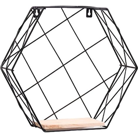 Support mural hexagonal - Métal croisé - 1 étage - Noir - 23 x 20 x 11 cm - Décoration murale (1/5)