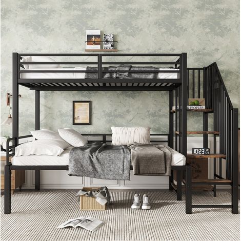 Etagenbett modern 90x200/120x200 cm aus MDF und Metall in Schwarz mit Ecktreppe 4 Stufen (1/5)