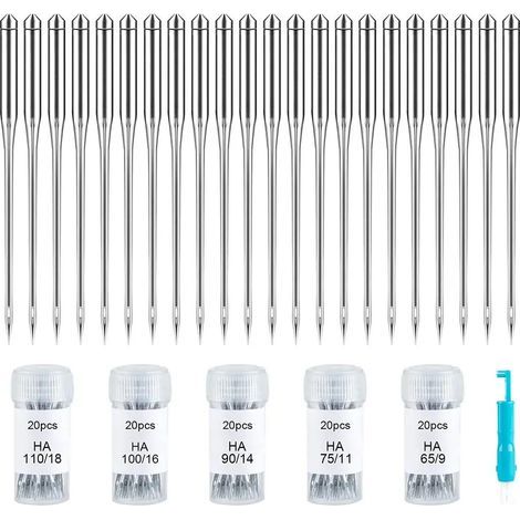 Lot de 100 aiguilles pour machine à coudre jersey, aiguilles à coudre standard compatibles Singer Brother, tailles variées HAX1 65/9, 75/11, 90/14, 100/16, 110/18 (1/5)