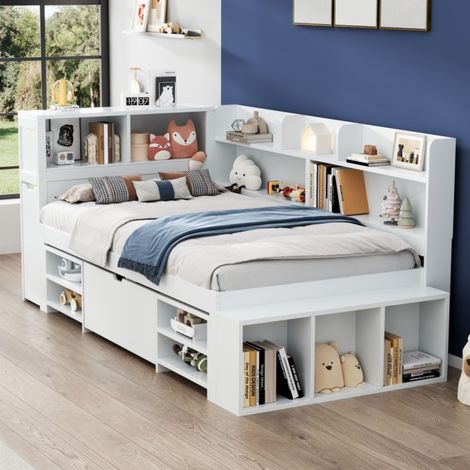 Lit enfant 90x190 cm blanc, avec rangement intégré par tiroirs et étagères, sommier à lattes fourni, sans matelas, grand espace de stockage