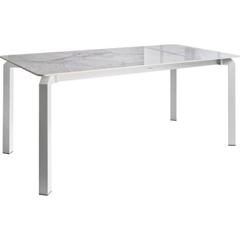 Garden Dining Table White and White Marble Sintered Stone Top Iron Frame UV Water Rust Resistant Outdoor Indoor Dining Room Patio Modern Style FELETTO
