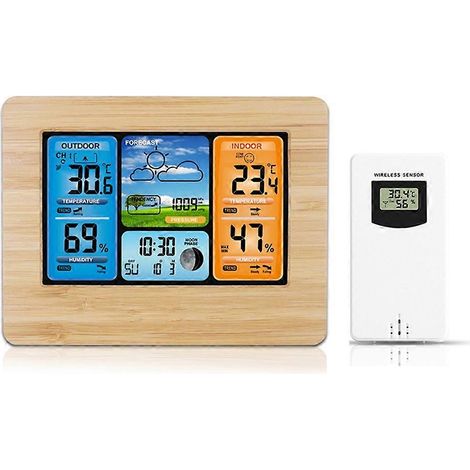 Station météo numérique avec horloge, baromètre, thermomètre et hygromètre, et capteur extérieur sans fil. (1/4)