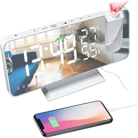 Leytn® Réveil Projecteur Plafond Rotation 180 ° Luminosité Réglable avec Fonction Snooze Double Réveil Radio FM - Blanc (1/4)