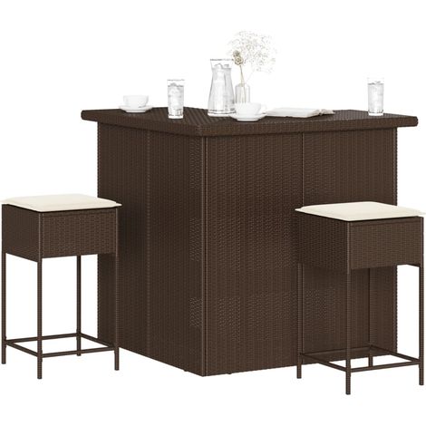3-tlg. Gartenbar-Set mit Kissen Braun Poly Rattan