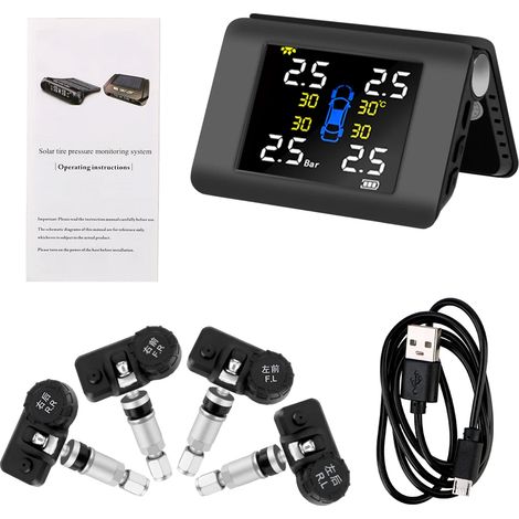 Sistema de control de la presión de los neumáticos del coche equipado con cuatro sensores externos o internos, alimentación solar y pantalla LED.