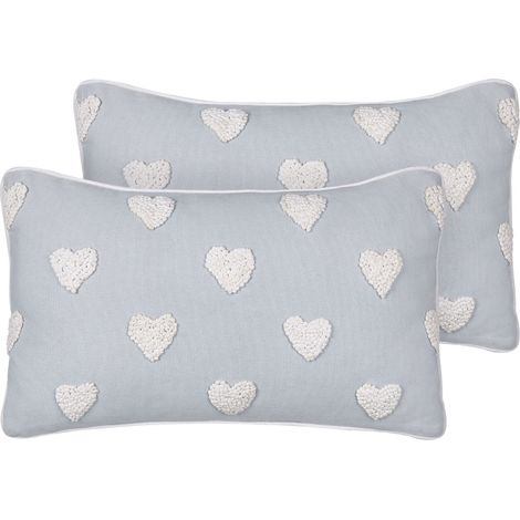 Lot de 2 Coussins Décoratifs en Coton Gris 30 x 50 cm à Motif de Coeurs Brodés Gazania