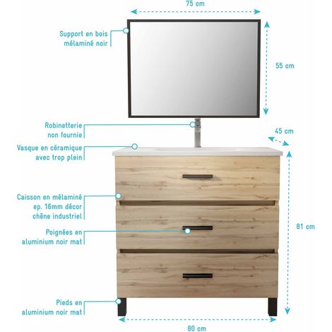 meuble de salle de bain 80 cm - chêne industriel - 3 tiroirs - vasque et miroir — vue 4