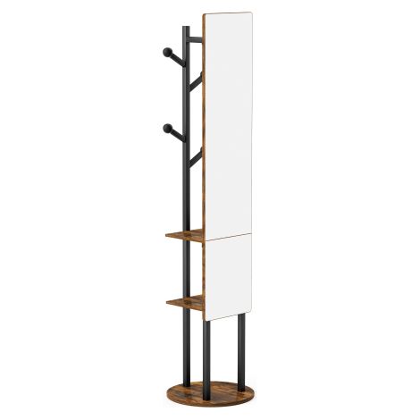 Spiegelschrank mit Stauraum, 360° drehbarer, multifunktionaler Kleiderständer, Ganzkörperspiegel für das Schlafzimmer, Kleiderschrank mit Haken, 174 x 40 cm (Vintage Braun)