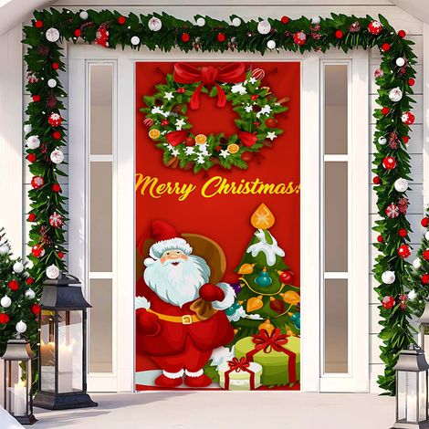 Rideau de porte de Noël 2026, bannière extérieure avec fond photo Père Noël et chien, tissu à suspendre - 90 x 180 cm (œillets + ruban) - 62