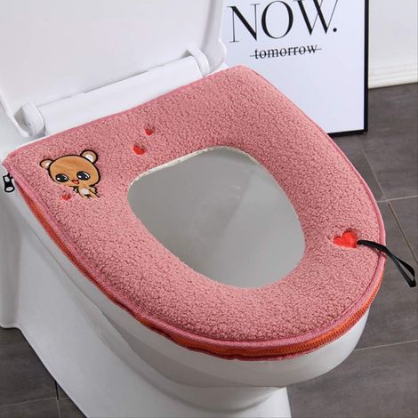 Housse de toilette brodée à motif dessin animé, fermeture éclair et velcro, siège de toilette Home Four Seasons Universal Mat rose (1/3)