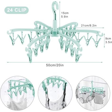 Étagère à chaussettes, séchoir à chaussettes avec 24 clips pour sous-vêtements, chaussettes, épingles à linge en plastique durable pour intérieur et extérieur (vert) (1/4)