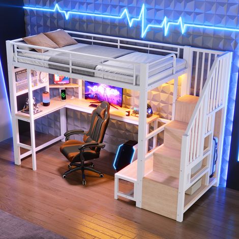 Letto a soppalco, 90 x 200 cm, tavolo, porte USB e USB-C, pannello forato, mensole, armadietto a scala, illuminazione a LED, materasso non incluso, bianco (1/5)