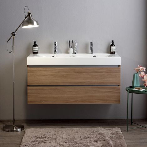 Kiamami Valentina – Meuble salle de bains suspendu 120cm chêne naturel – Double vasque en résine – 2 tiroirs soft close – Installation simple et rapide