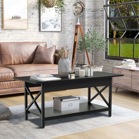 Table Basse 2 Niveaux avec Étagère Bois Cadre Métallique en Forme X Pieds Réglables Style Industrielle 110 x 60 x 48 cm Noir (1/3)