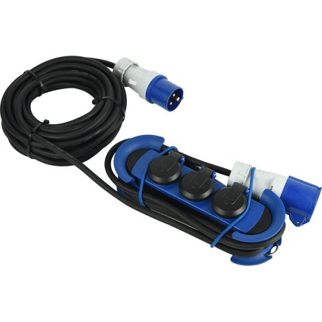 Multipresa / Prolunga con Spina CEE, 1 Presa CEE + 3 Prese Schuko IP44, con 2 Ganci + Elastici Fermacavo, Cavo 10M, H07RN-F 3G1.5, Campeggio, Caravan (1/3)