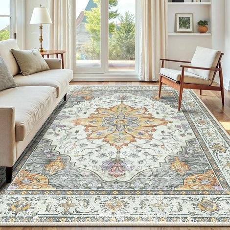 Vintage Tapis de Salon 150x210 cm Lavable Jaune Clair/Gris/Orange Tapis Salon, Tapis Chambre, Lavable en Machine, Vintage, Boho, Rétro, Antidérapant, Cuisine, Salle à Manger, Douce, OEKO (1/5)