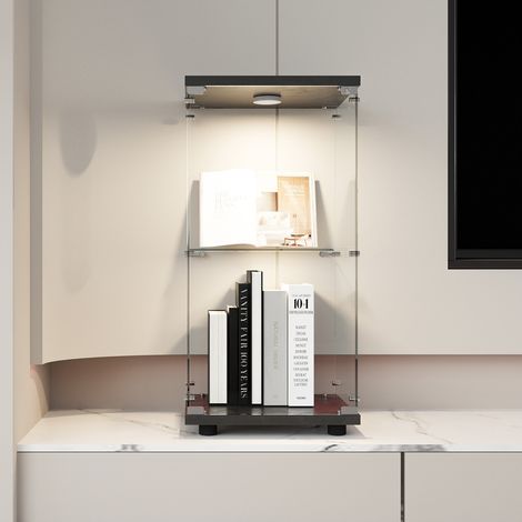 Vitrina de cristal 2 niveles de vidrio templado para salón con iluminación LED, base negra, 40,5x36,5x86,5 cm (1/5)