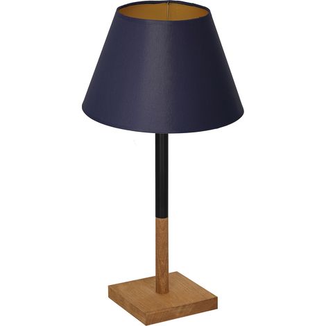 Lampe de table bois base carrée abat-jour bleu doré E27