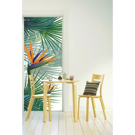 Sticker Porte Fleurs Oiseaux du Paradis, Feuilles Tropicales, 204 cm X 83 cm, Oranges - Décoration Murale (1/2)