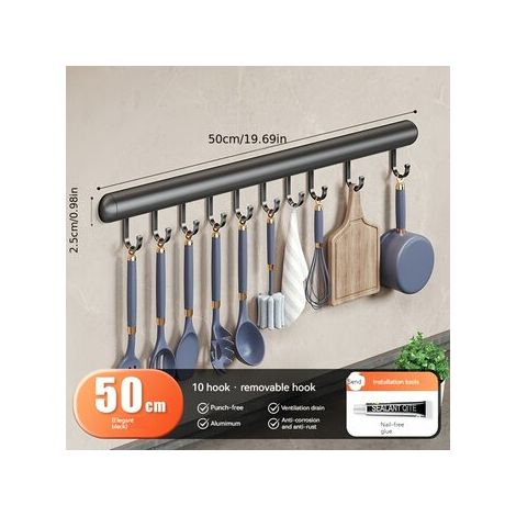 Perchero de pared con 10 ganchos desmontables, 50 cm de largo, elegante color negro, longitud total de los 10 ganchos: 49 cm.