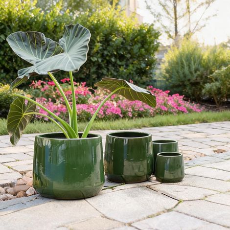 Lot de 4 pots de fleurs en céramique glacée vert foncé brillant (1/5)
