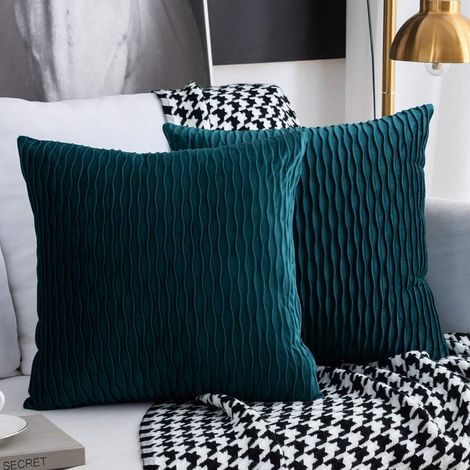 Housse de Coussin Ensemble de 2 taie d'oreiller Rectangulaire Carrée Décorative en Velours Housses d'oreiller Modernes-Bleu Vert (1/5)