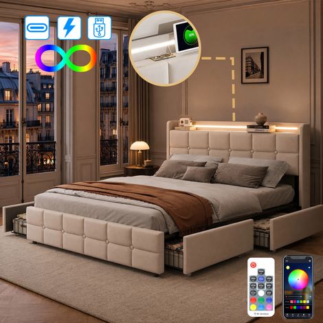 Lit double capitonné 180x200 cm ,lit adulte avec sommier à lattes ,LED et port USB ,4 tiroirs ,Lin ,Beige (1/5)