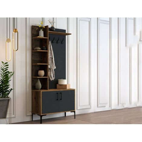 Dmora - Mobile da ingresso Anja, Entratina appendiabiti, Composizione per atrio, Consolle portaoggetti multifunzione, 90x35h200 cm, Noce e Antracite (1/5)