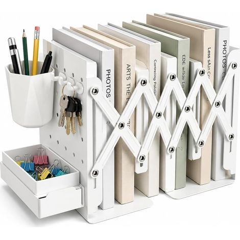 Serre-livres extensibles en métal avec porte-stylos, tiroir coulissant et crochets – Organisateur de bureau réglable pour livres, classeurs et dossiers (bureau, salle de classe, domicile) – Blanc (1/5)