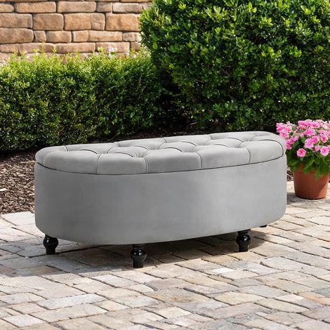 Banc de rangement avec assise en velours gris et coffre intégré (1/5)