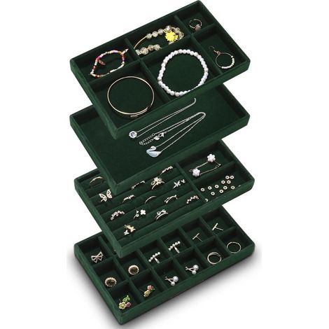 Lot de 4 plateaux à bijoux avec compartiments, organiseurs pour bagues, boucles d'oreilles, colliers et bracelets, rangement pour femme et fille (1/5)