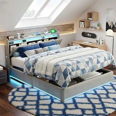 Letto contenitore 160x200 cm, testiera con LED, letto con meccanismo di sollevamento idraulico, design moderno, funzione salvaspazio, rete a doghe - Grigio