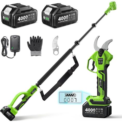 Sécateur Électrique Avec Perche 2-en-1: Coupe 40mm Sécateur Électrique Télescopique, portée maximale jusqu'à 2,5m, 2 Batteries 4,0Ah, Lame SK5 de Rechange, 4 Modes pour Fleurs et Arbres (1/5)