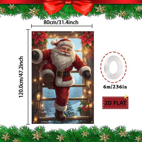 Nouvelle décoration de fenêtre de Noël, tenture Père Noël, décoration de fête, drapeau d'extérieur - 80 x 120 cm (œillets + ruban) - Modèle 10