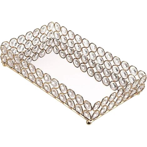 Plateau à Bijoux en Cristal Surface Miroir Cadre en Métal Doré Électrolytique 25X15X55 CM Organiseur Décoratif pour Salle de Bain Plateau à Parfum et Rangement Bijoux (1/5)