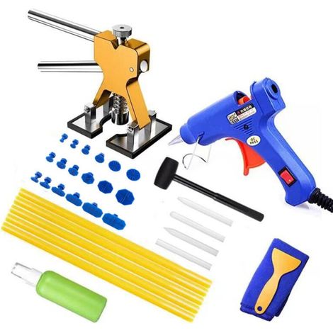 Outil Débosselage sans Peinture Kit Débosselage (Golden) Carrosserie 34 PCS avec Pistolet à Colle,Doré Dent Extracteur,pour Voiture,Réfrigérateur,Moto Corps,Porte (1/5)
