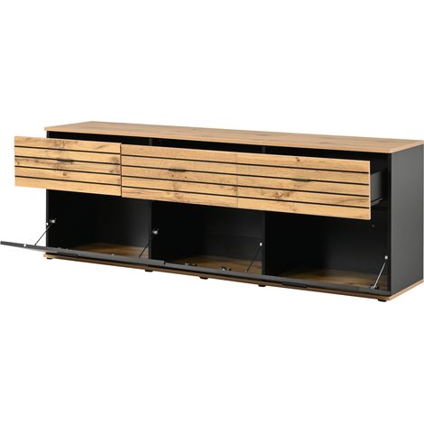 TV-Möbel 168 cm mit 2 Türen und 3 Schubladen, Naturholz und Schwarz, für 65 Zoll (1/5)