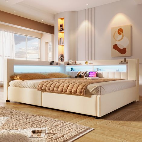 Banquette-lit 140x200 cm, lit simple convertible en canapé, coffre de rangement hydraulique, LED, USB et Type-C, lin, style minimaliste Beige (1/5)