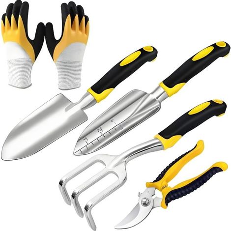 Ensemble Outils de Jardinage, Outils de Jardin en Têtes Robustes Aluminium et Poignées Ergonomiques, Kit de Jardinage avec Sécateur, Pelles Truelle, Transplanteur, Râteau à Main, Gants (1/5)